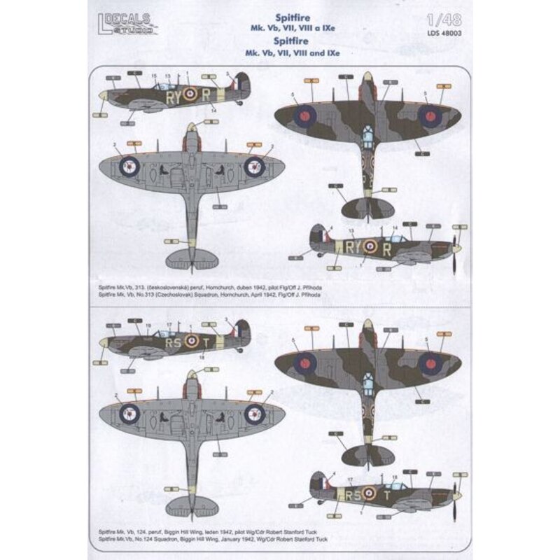 LDS48003 Decals Spitfire Mk.Vb, VII, VIII and IXe (7) Mk.Vb RY-R BM301 323 (Czech) Sqn Hornchurch 1942; RS-T Wg/Cdr Stanford Tuc