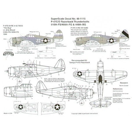 Decals Republic P-47C/P-47D Thunderbolts Razorback (2) 42-76553 2Z-B 510 FS/405 FG Lt Arlie Blood `The Bug'; 41-6380 yellow fin.