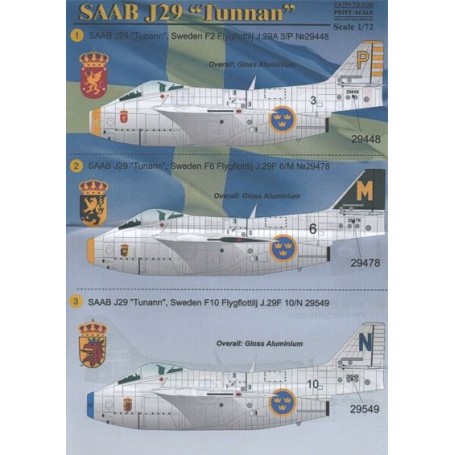 Decals Saab J-29 'Tunnan' (9) Sweden No 29448 3/P F2 Sqn; No 29478 6/M F6 Sqn; 29549 10/N F10 Sqn; 29920 21/E F21 Sqn; 29438 9/T