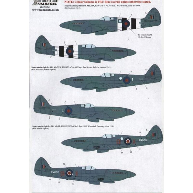 Decals Supermarine Spitfire PR Mk.XIX (8) RM643/Z 541 Sqn 1944 with D-Day stripes; RM645/I 682 Sqn Italy 1945; PS934 WY-R 541 Sq