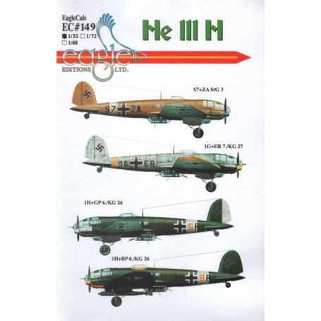 Decals Heinkel He 111H. S7 + ZA - He 111H - Stab / StG 3 1H + BP - He 1H-11 6 - 26 6./KG 1H + GP - He 111H-6 - 26 6./KG 1G + ER 