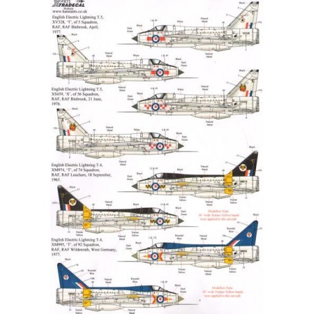 Decals EE/BAC Lightning T.4/T.5 Part 1 (9) Mk.T.4 XM974/T 74 Sqn Black fin and spine RAF Leuchars 1965 - XM995/T 92 Sqn Blue fin
