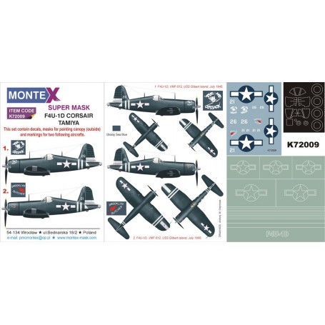 Vought F4U-1D Corsair 1 canopy mask (exterior) + 1 insignia masks + decals (designed To Be Farming with Tamiya kits) 