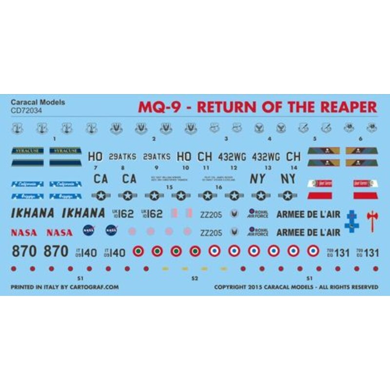 Decals MQ-9 Return of the Reaper Eight marking options for the MQ-9 Reaper unmanned aerial vehicle, including Royal Air Force, F