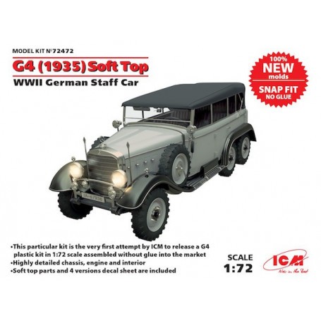 G4 (1935 production) Soft Top, WWII German Staff Car, snap fit/no glue Model kit