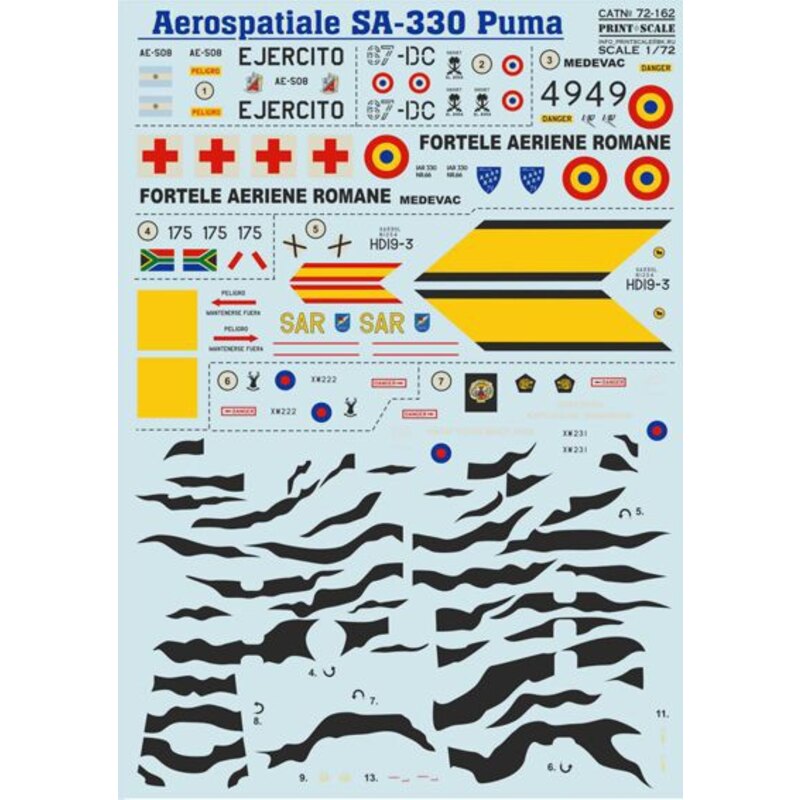 Decals Aerospatiale SA.330 Puma1. SA.330L Puma, AE-508, Stanley airport, Falklands Islands 1982.2. SA.330B Puma, 67-DC, Operatio