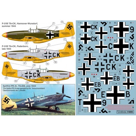 Decals Luftwaffe captured North-American P-51B and Supermarine Spitfire PR Mk.XI. Three options:-- P-51B T9+CK, Hannover-Wunstor