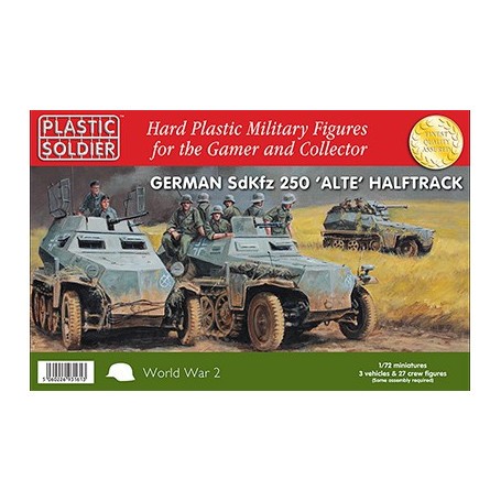 German Sd.Kfz.250 alte Halftrack with Variants Kit. This kit contains 3 x 250 Halftrack and 27 crew figures. Each sprue has opti