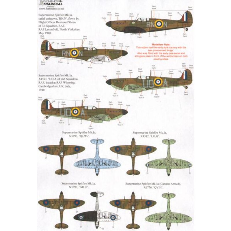 Decals Supermarine Spitfire Mk.Ia Battle of Britain 1940 Pt.1 (6)R6776 QV-H 19 Sqn Ft/Sgt George Unwin RAF Fowlmere -  Unknown s