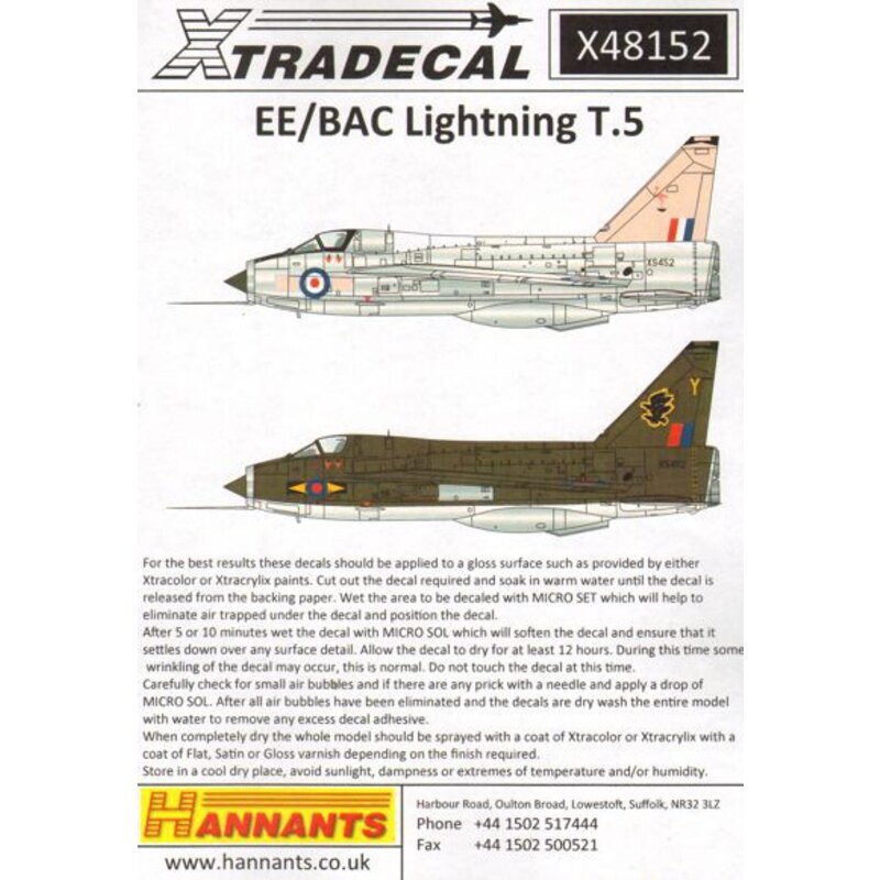 Decals BAC/EE Lightning T.5 (5) XS459/X 56 Sqn RAF Binbrook 1976 -  XS452 Pink Flamingo Akrotiri Station Flight Cyprus 1975 -  X