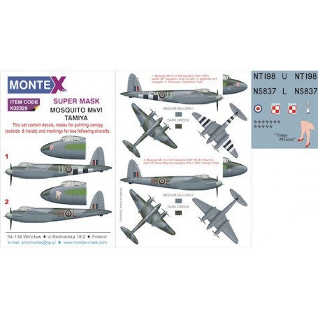 de Havilland Mosquito Mk.VI (designed to be used with Tamiya kits) 2 canopy mask (outside & inside) + 3 insignia masks + decals 